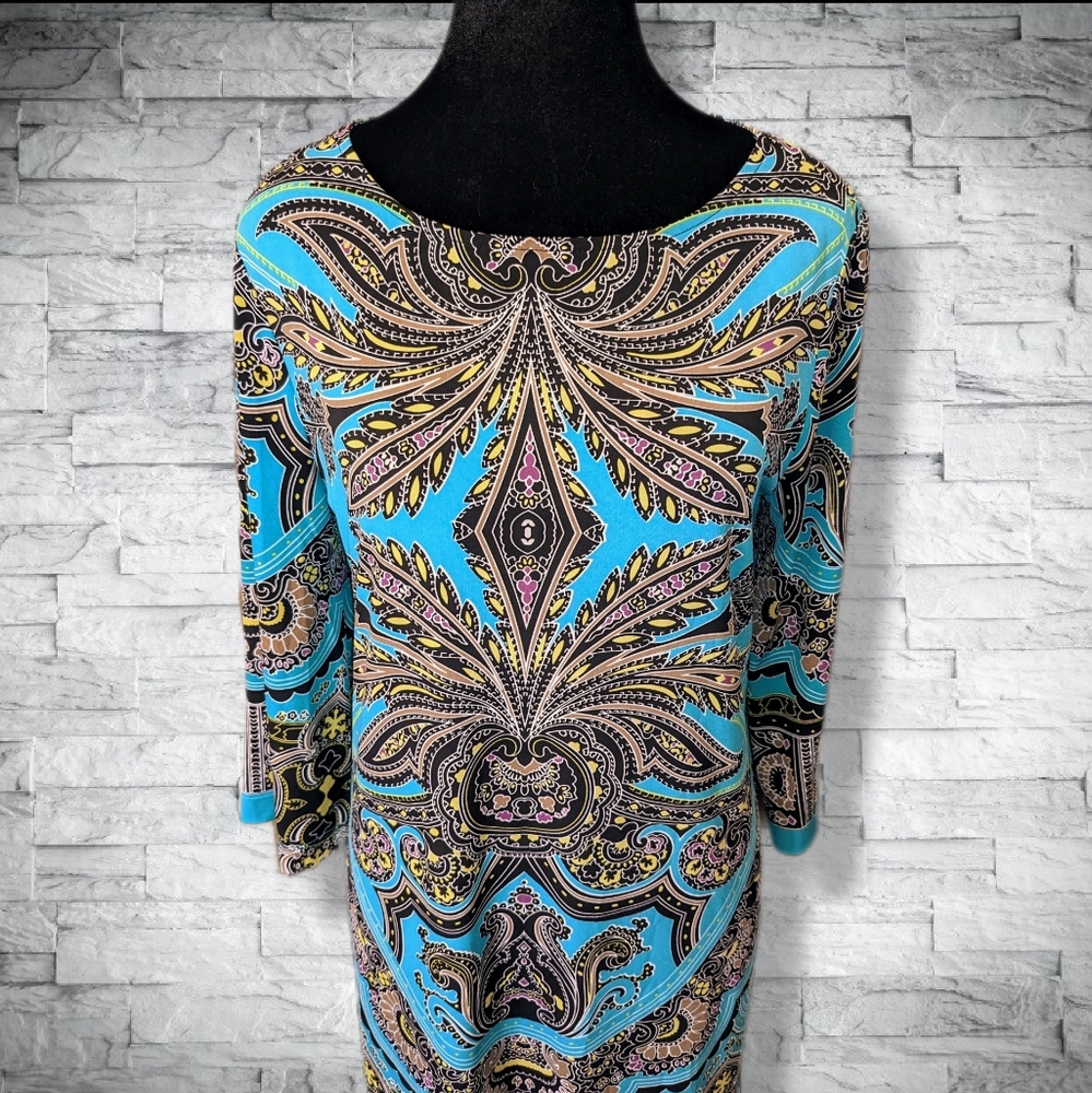 Teal Turquoise Stretch Mini Dress 3/4 Sleeves Boat Neck Flattering Fit D10 - Picture 11 of 11